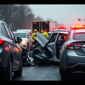 Emergency responders at a multi-vehicle traffic accident