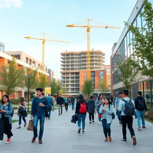 Students on the University of Tennessee at Martin campus with new buildings in progress.
