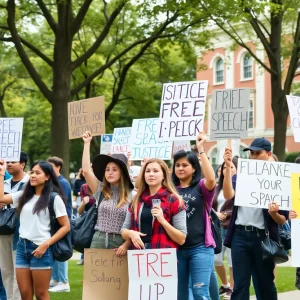 Students protesting on university campus advocating for social justice.