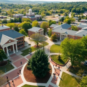 Aerial view of UTC campus with students