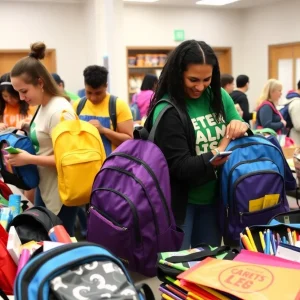 Volunteers packing colorful backpacks filled with school supplies.