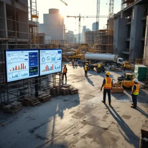 Construction worker using data analytics tools on site