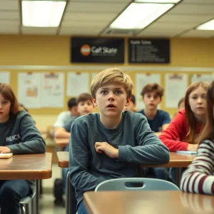 Students in a school cafeteria appearing shocked and concerned about a recent threat incident.
