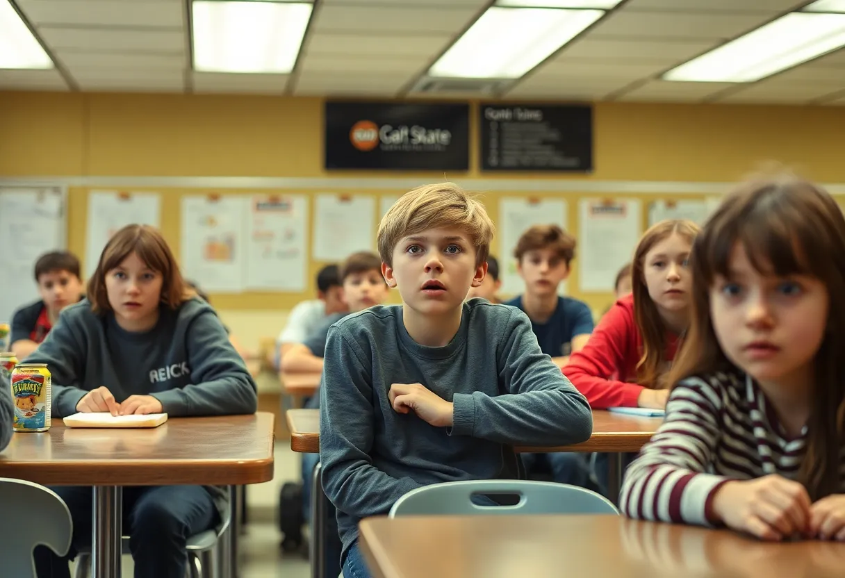 Students in a school cafeteria appearing shocked and concerned about a recent threat incident.