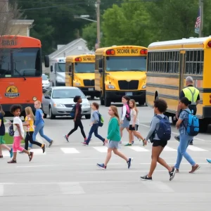 Carmel school zone with students and traffic monitors