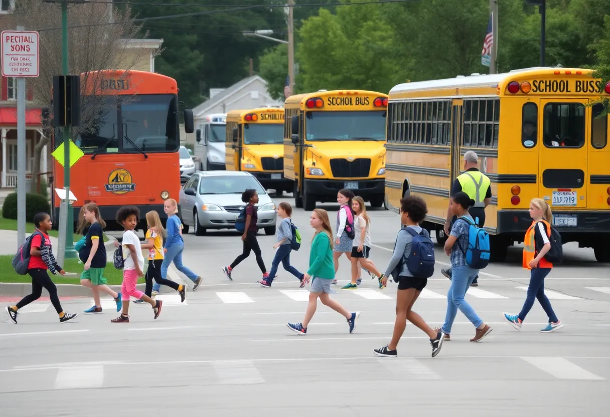 Carmel school zone with students and traffic monitors