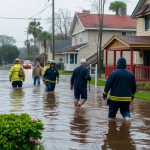 Emergency responders in a flooded area in Catoosa County with rain in the background.