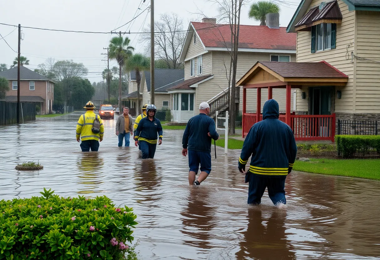 Emergency responders in a flooded area in Catoosa County with rain in the background.