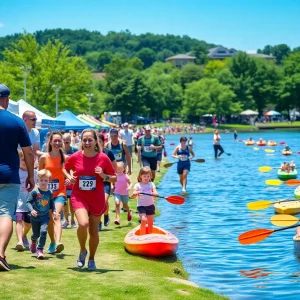Families and runners at the Chatt Town Cool Down in Coolidge Park, Chattanooga.