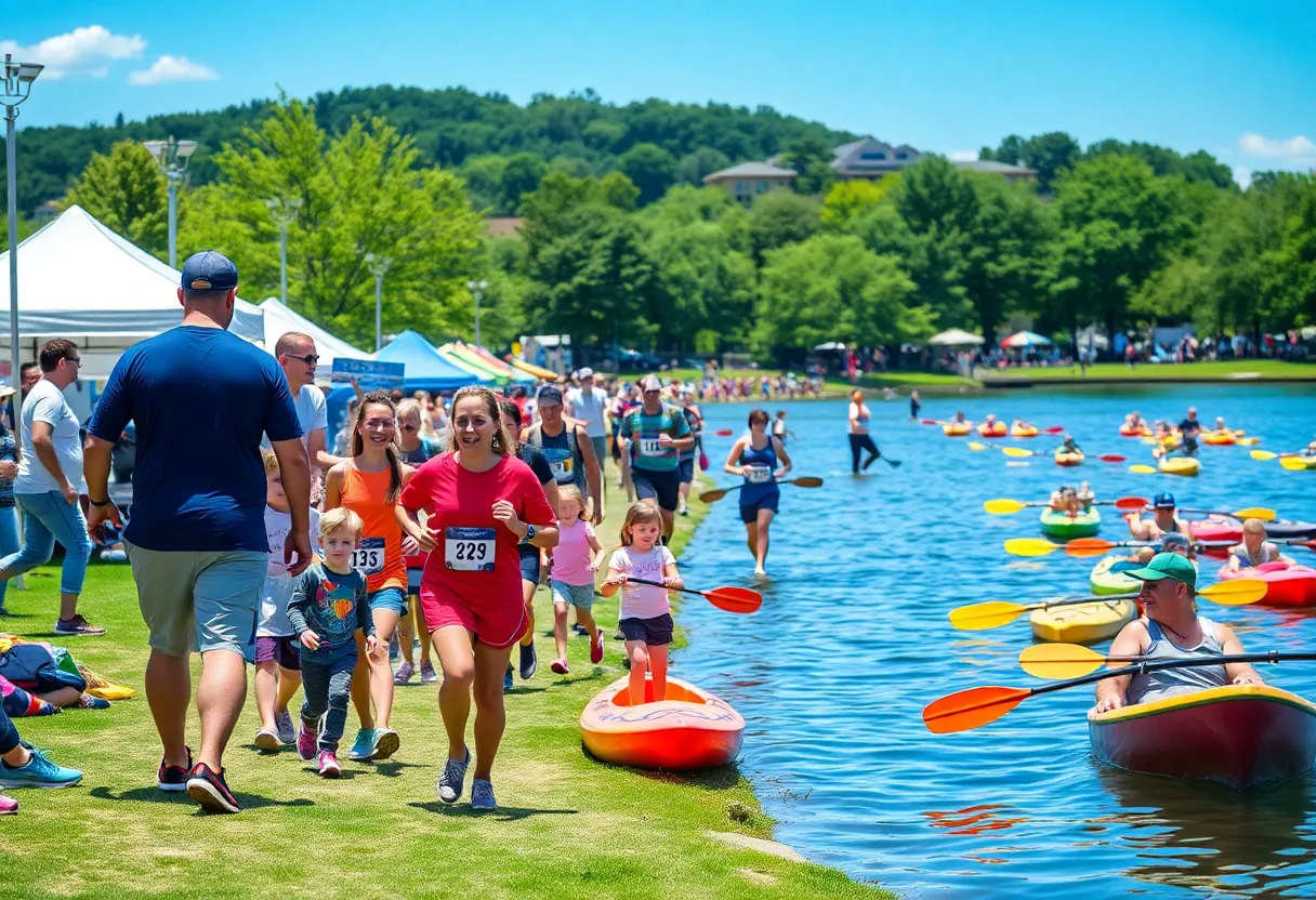 Families and runners at the Chatt Town Cool Down in Coolidge Park, Chattanooga.