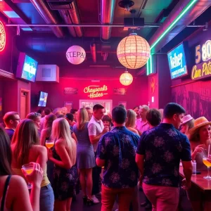 Guests enjoying the 80's Night Celebration at The Playlist in Chattanooga with retro decor and themed cocktails