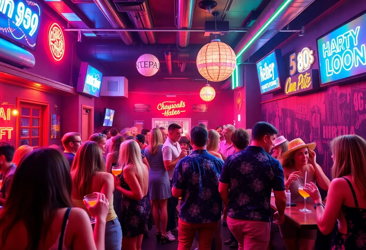 Guests enjoying the 80's Night Celebration at The Playlist in Chattanooga with retro decor and themed cocktails