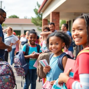 Families and children at the Chattanooga Back to School Bash receiving supplies