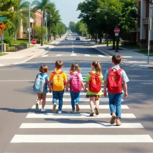 Children crossing a freshly marked crosswalk in a school zone during the Back to School Blitz in Chattanooga