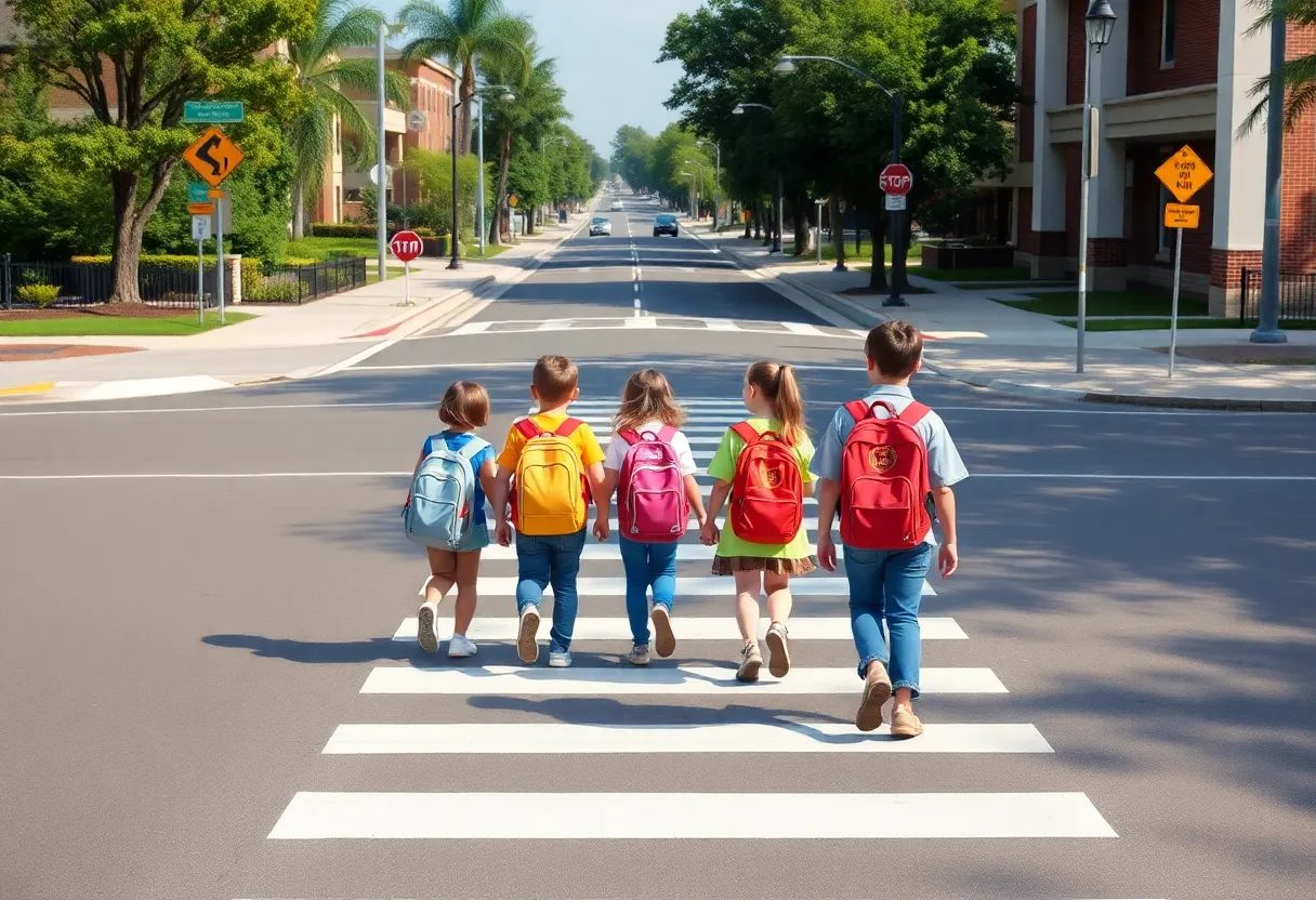 Children crossing a freshly marked crosswalk in a school zone during the Back to School Blitz in Chattanooga