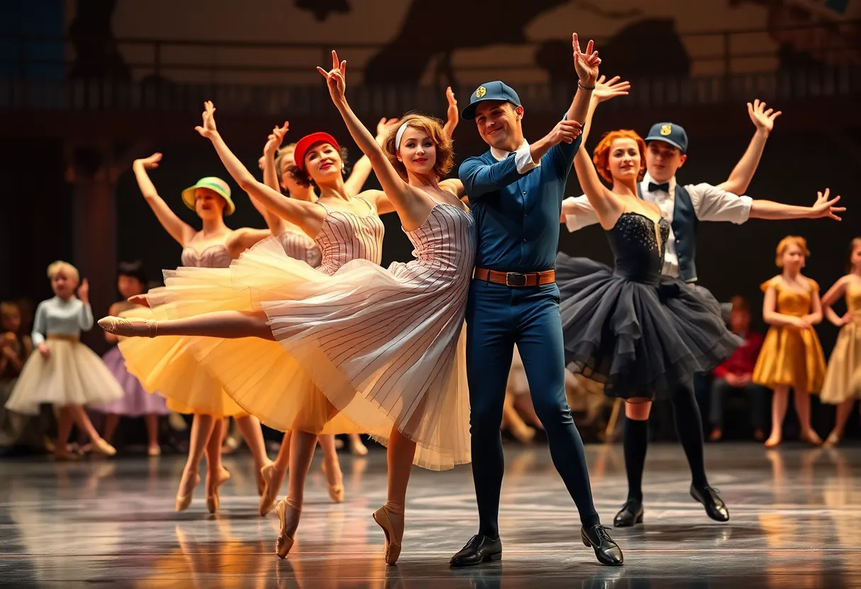Ballet dancers performing in a dynamic scene inspired by baseball