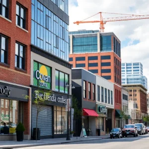 Cityscape of Chattanooga with new stores and construction sites.