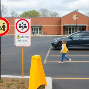 Parking lot outside Chattanooga Girls Leadership Academy showing safety signs.