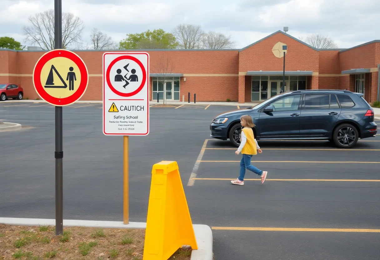 Parking lot outside Chattanooga Girls Leadership Academy showing safety signs.