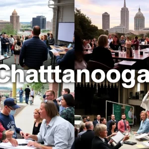 Collage of Chattanooga city scenes depicting community engagement and local events