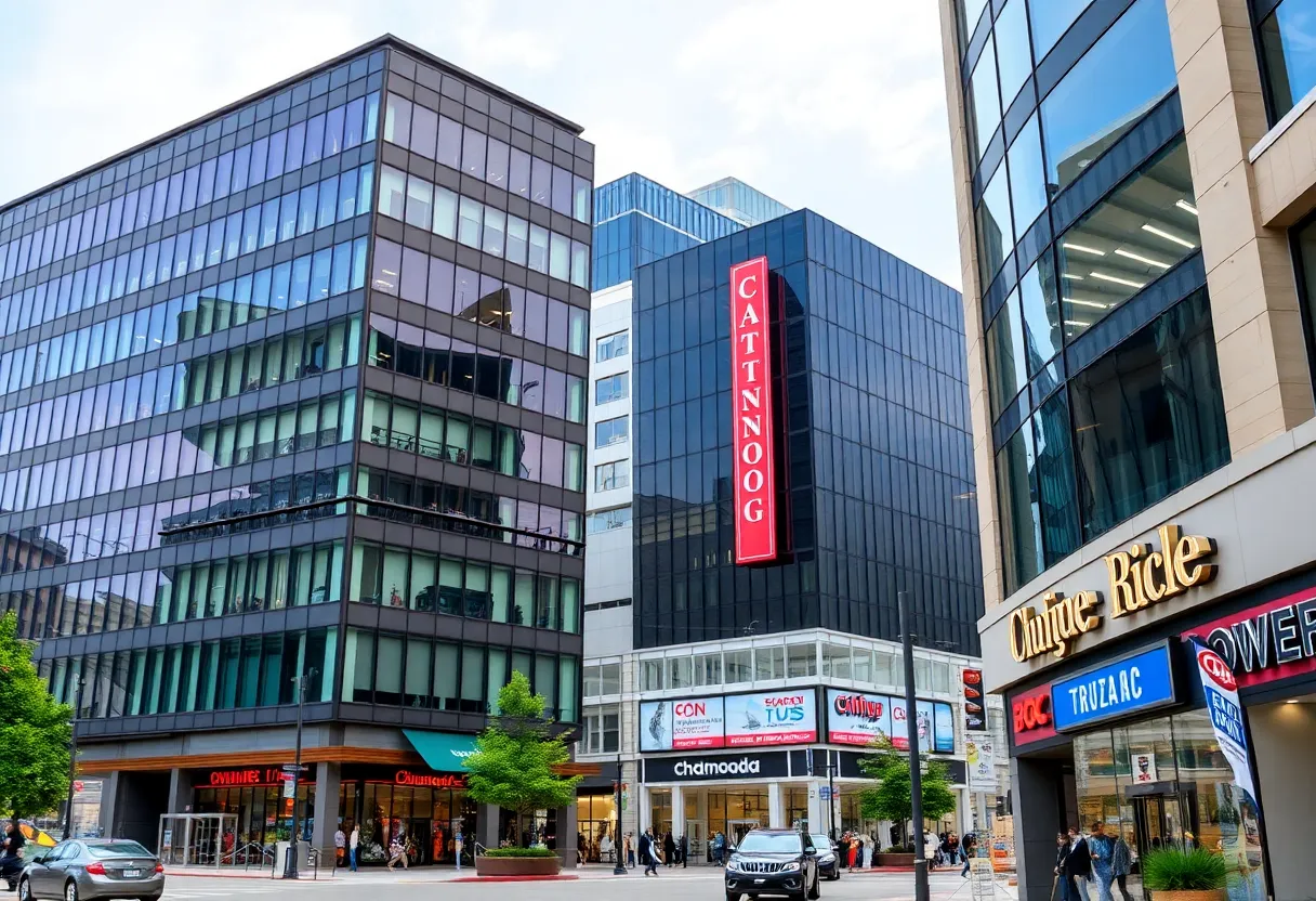 Vibrant view of downtown Chattanooga with retail and office spaces.