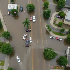 Flooded streets in Chattanooga, Tennessee, with rescue operations ongoing.
