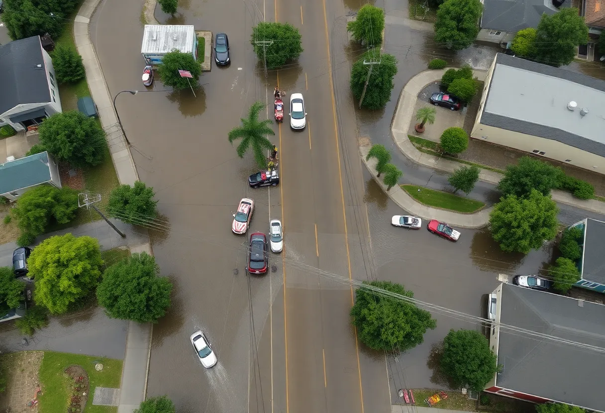 Flooded streets in Chattanooga, Tennessee, with rescue operations ongoing.