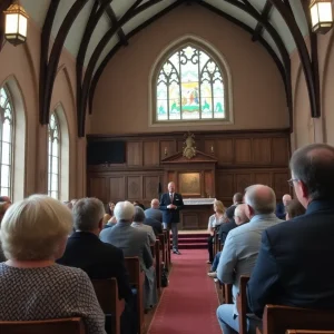 Community members discussing historic preservation at a town hall meeting.