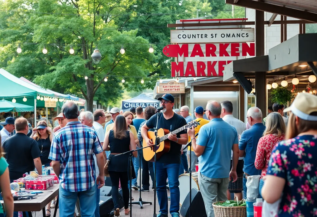 Crowd enjoying activities at a local market in Chattanooga during Labor Day weekend