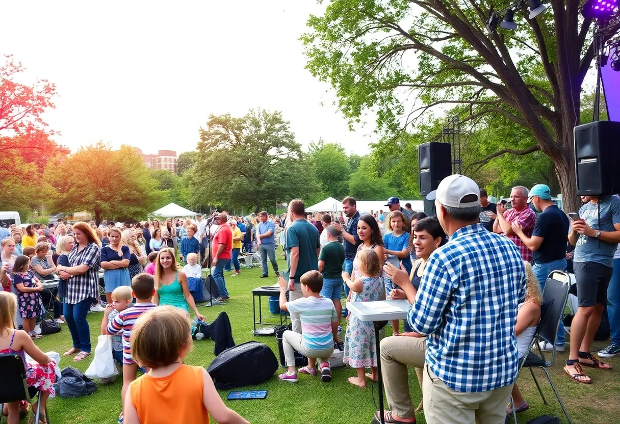 Families enjoying a live music concert in Chattanooga during the Levitt BLOC Music Series.