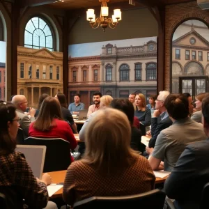 Community members discussing historic building preservation in Chattanooga.