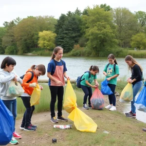 Students cleaning litter from the Tennessee Riverpark