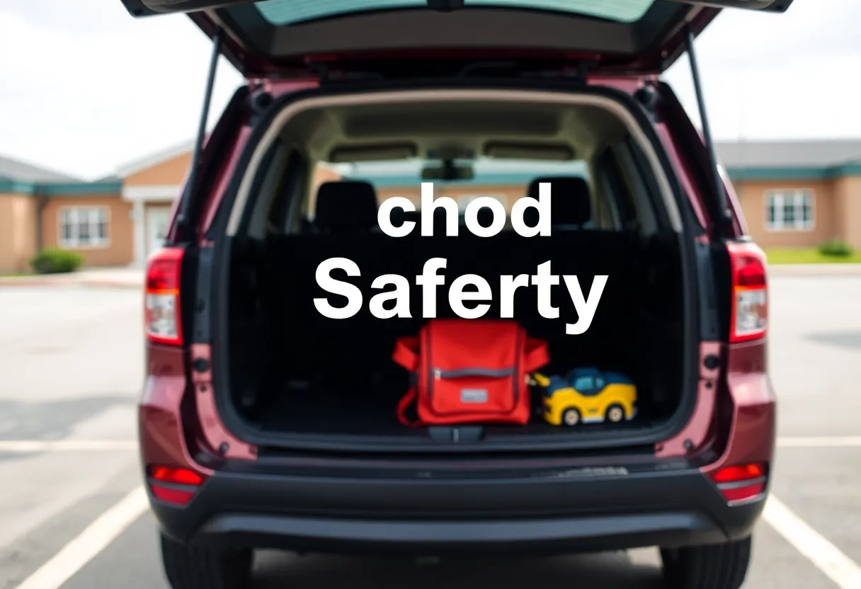 Parking lot at a school with an open vehicle door