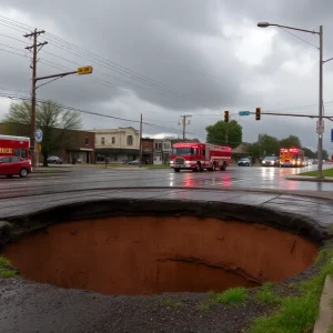 Flooded street in Chattanooga with a sinkhole during severe weather