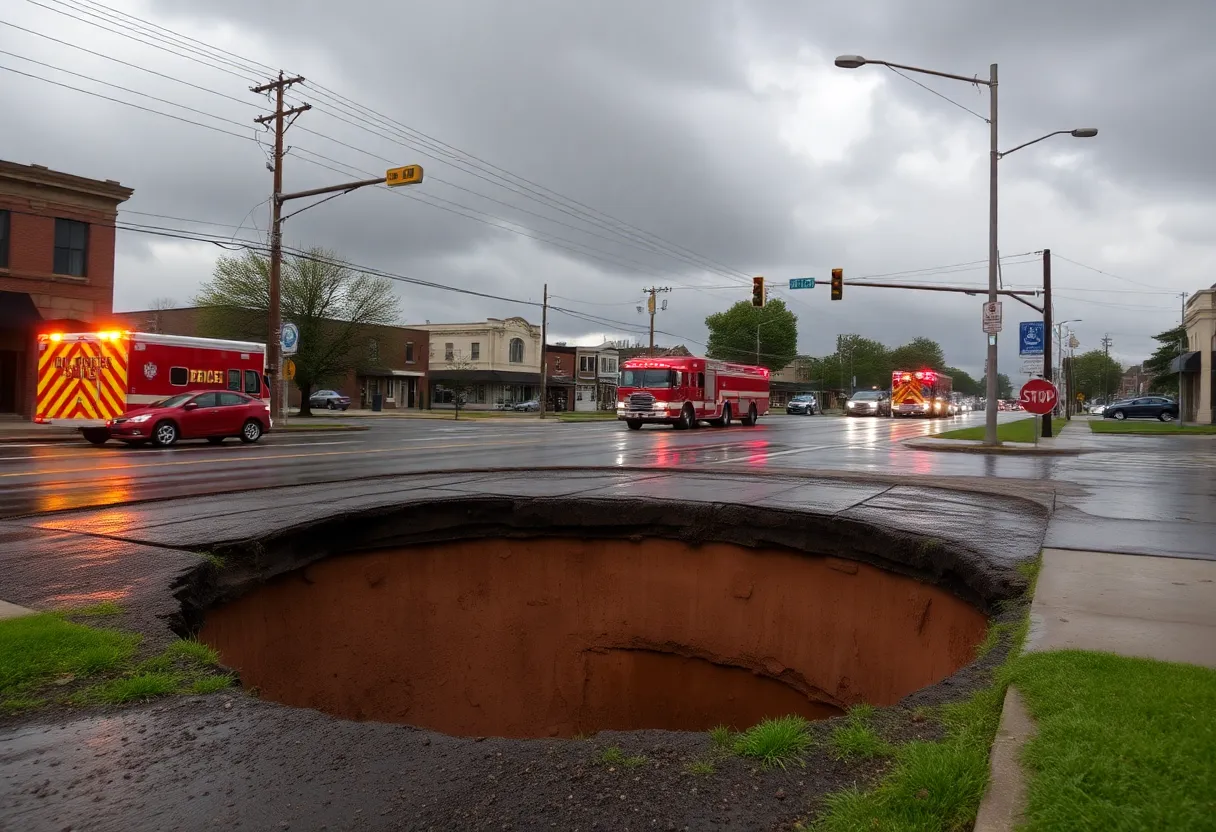 Flooded street in Chattanooga with a sinkhole during severe weather