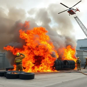 Firefighters battling a tire fire at a cement plant in Chattanooga