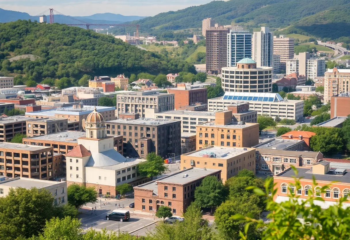 Cityscape of Chattanooga showing construction and community interaction.