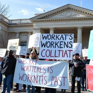 Community members rallying for VW workers' rights outside City Hall