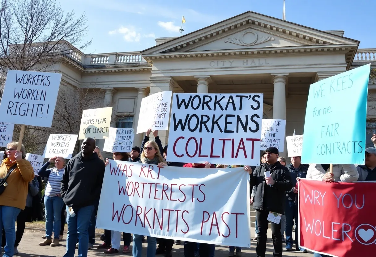 Community members rallying for VW workers' rights outside City Hall