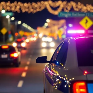 Police car at night in Chattanooga with flashing lights