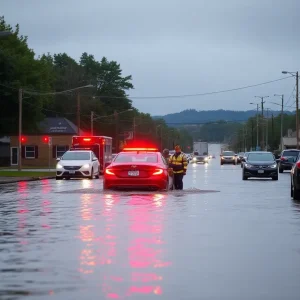 Emergency responders assisting a stranded motorist in Chattanooga during flooding
