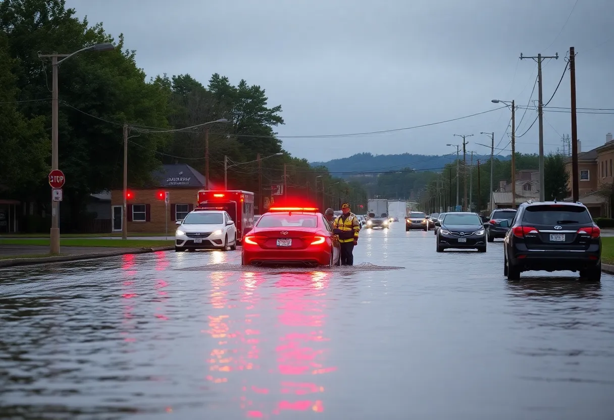 Emergency responders assisting a stranded motorist in Chattanooga during flooding