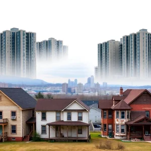 Overview of housing issues in Chattanooga, showcasing both modern and neglected properties.