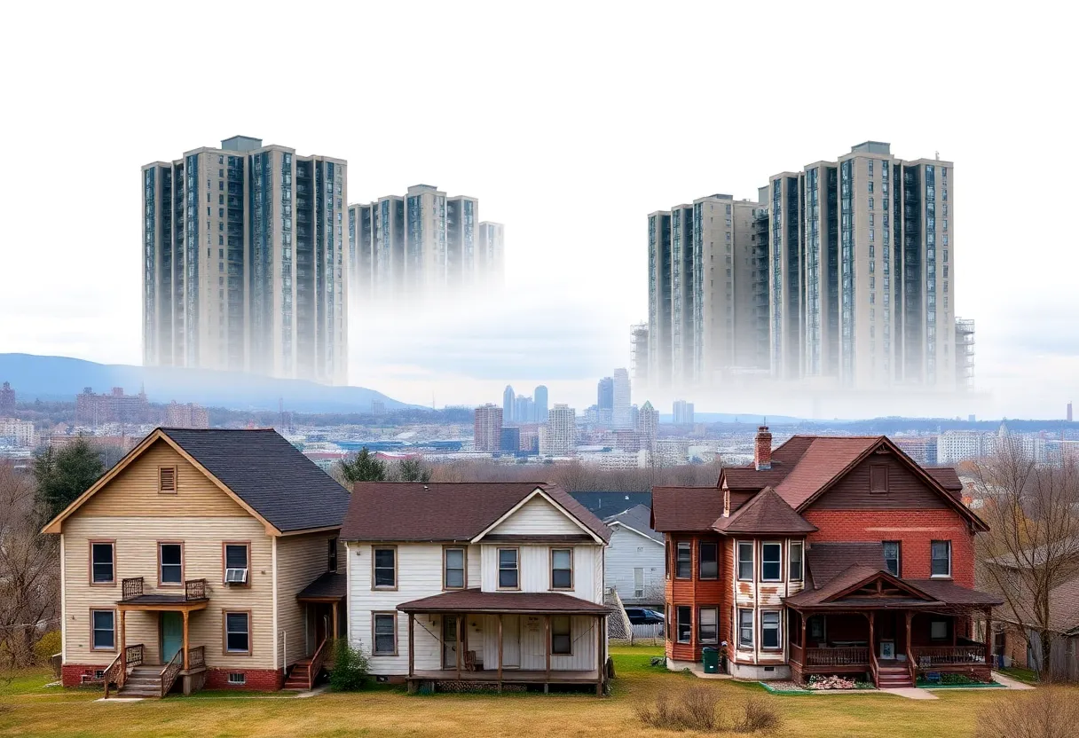 Overview of housing issues in Chattanooga, showcasing both modern and neglected properties.