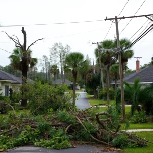Storm damage in Chickamauga with fallen trees and power lines