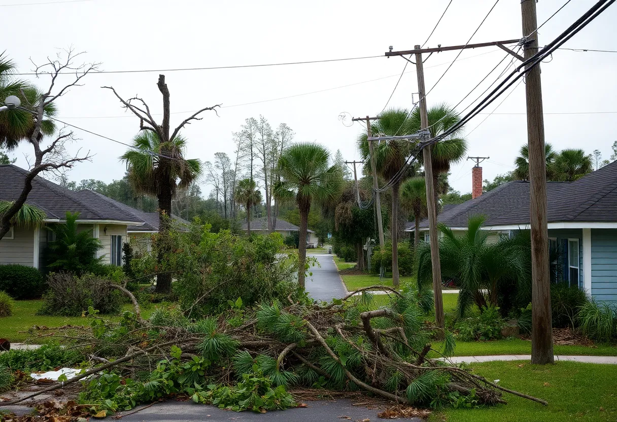 Storm damage in Chickamauga with fallen trees and power lines