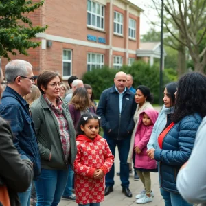 People discussing child safety outside a school