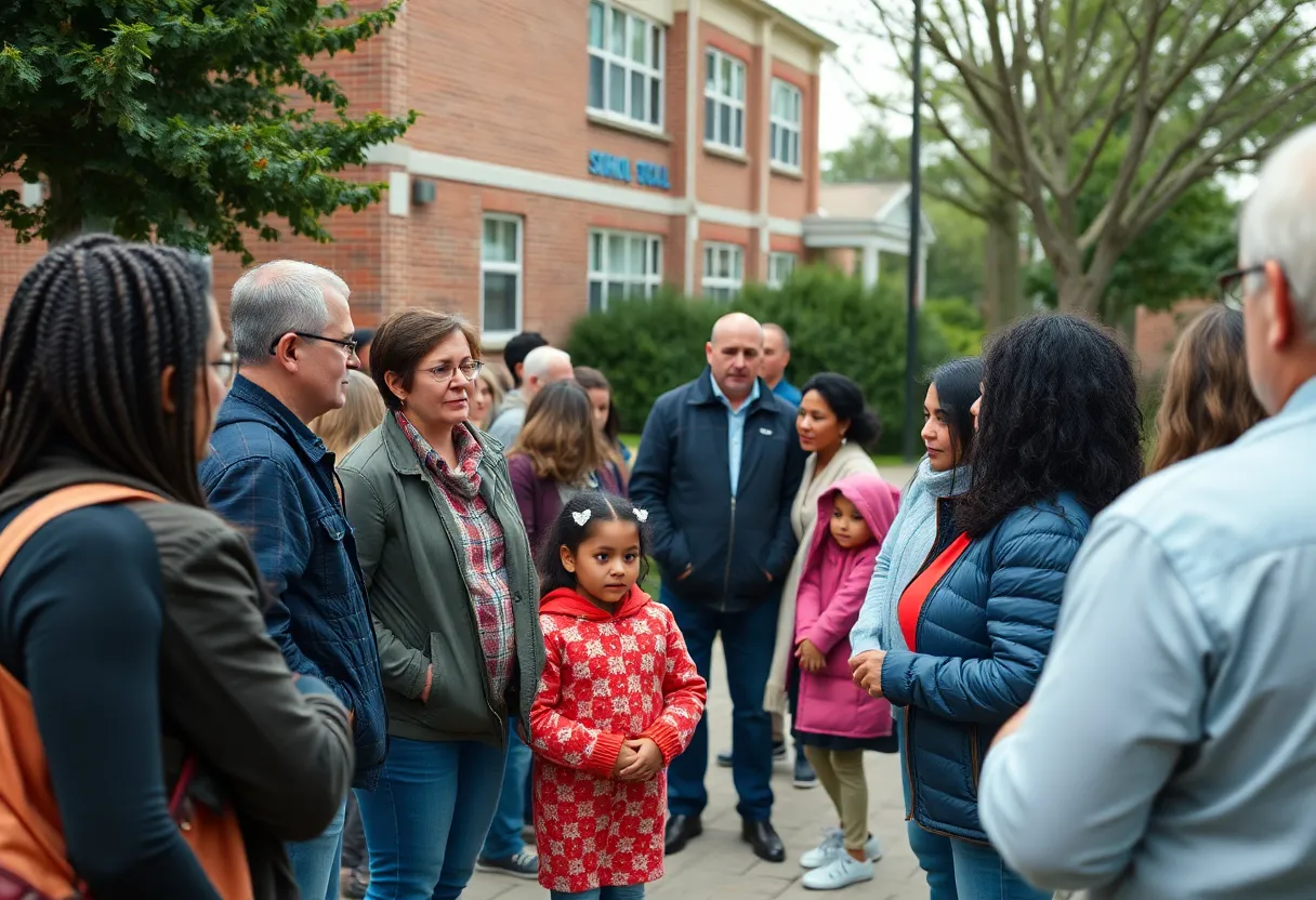 People discussing child safety outside a school