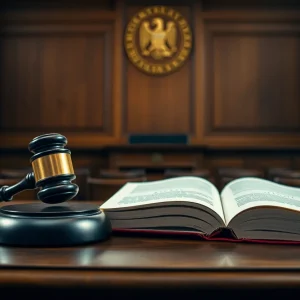 Courtroom setting with a gavel and legal books