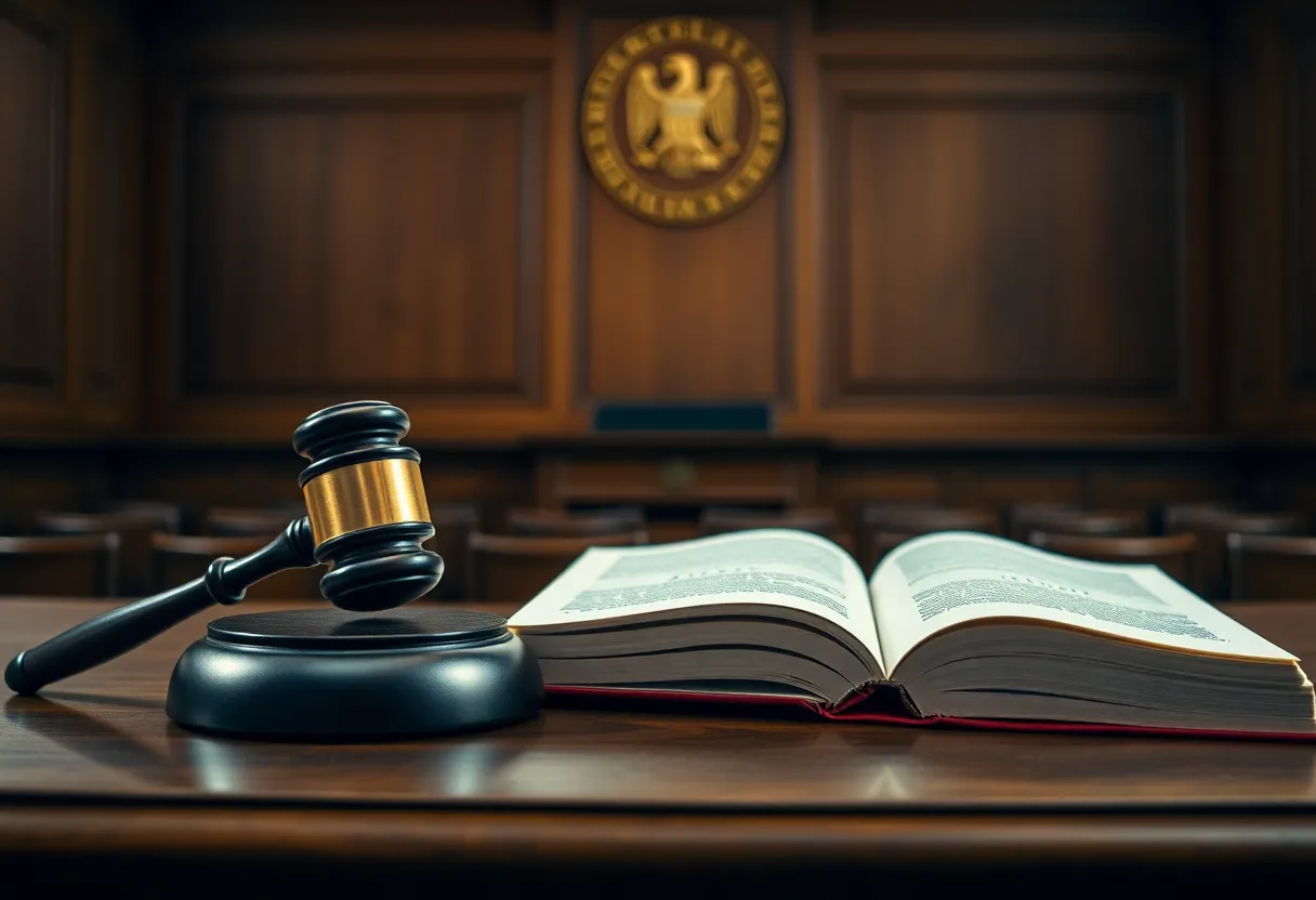 Courtroom setting with a gavel and legal books
